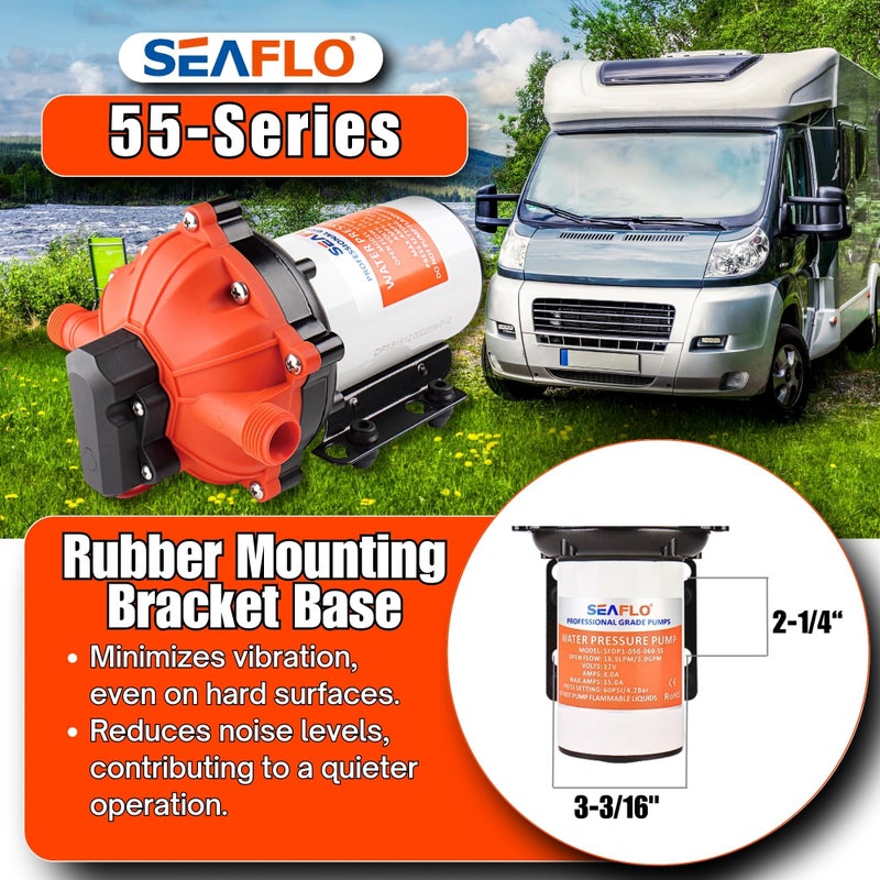 SEAFLO مضخة ديابراجم SEAFLO 55-Series - 12 فولت تيار مستمر، 5.5 جالون في الدقيقة، 60 PSI مع مفتاح ضغط ثقيل | ذاتية التحضير، تشغيل هادئ، ضمان 4 سنوات | مثالية للمركبات الترفيهية، البحرية، وأنظمة المياه خارج الشبكة - Image 5
